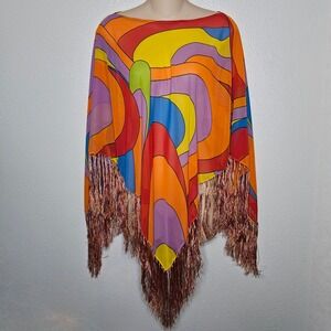 Maggie Barnes Psychedelic Abstract Print Fringe Poncho Top